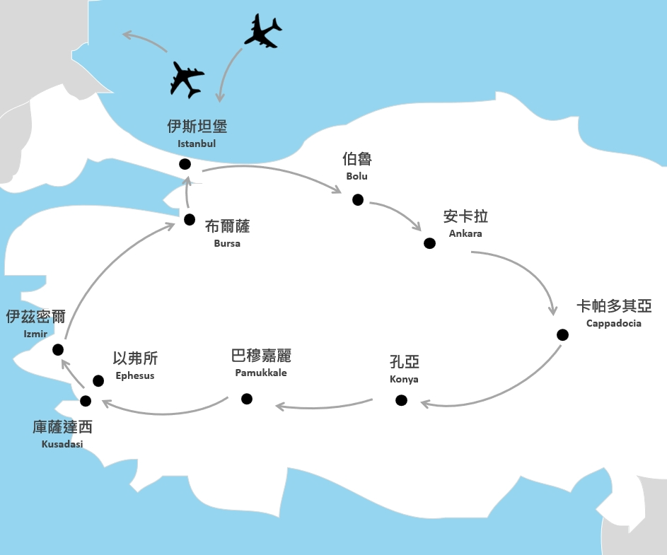 特選直飛土耳其9日行程地圖